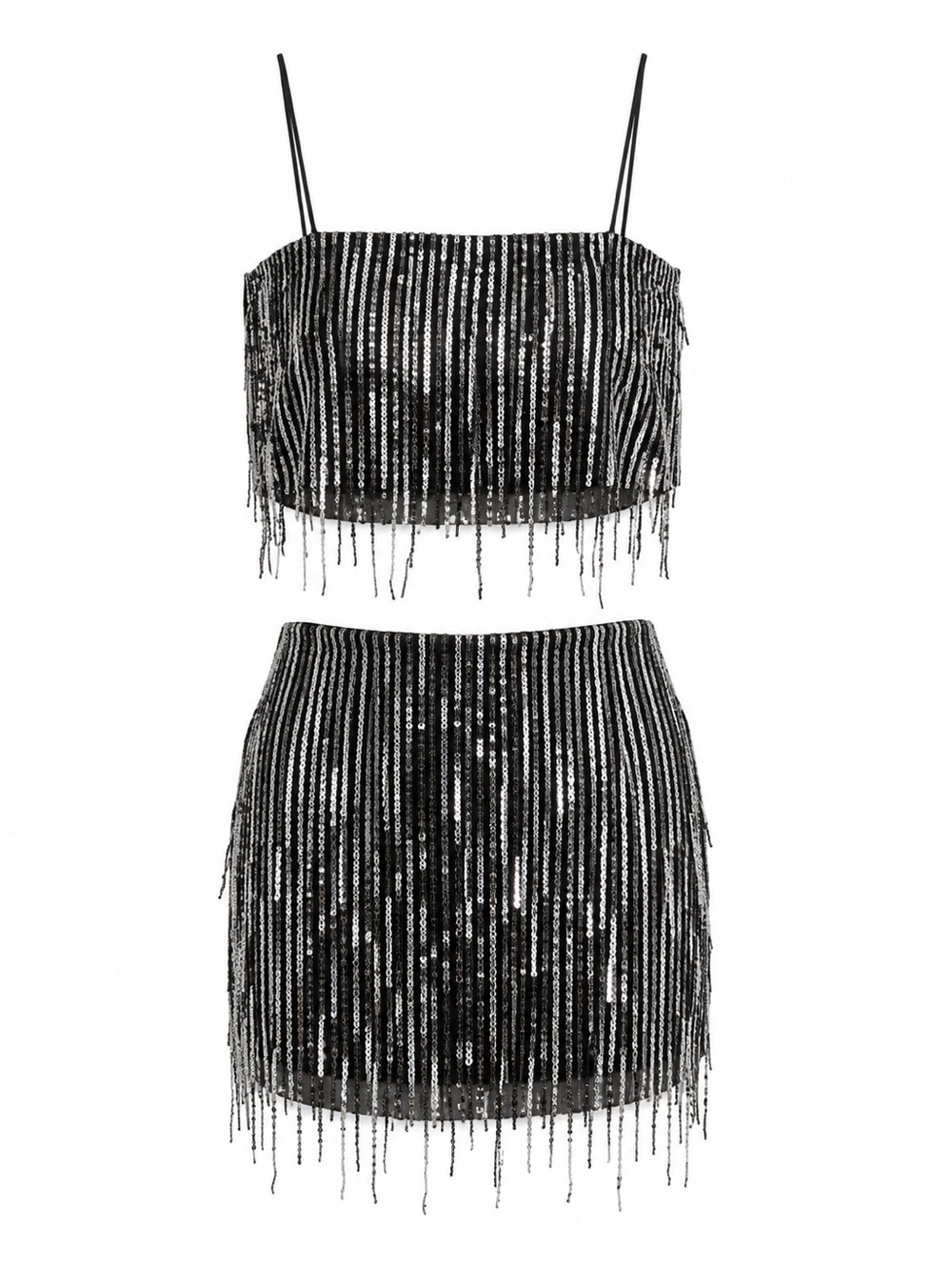 Zara Fringed Sequin Two-Piece Set XS Top / S Skirt Black Silver